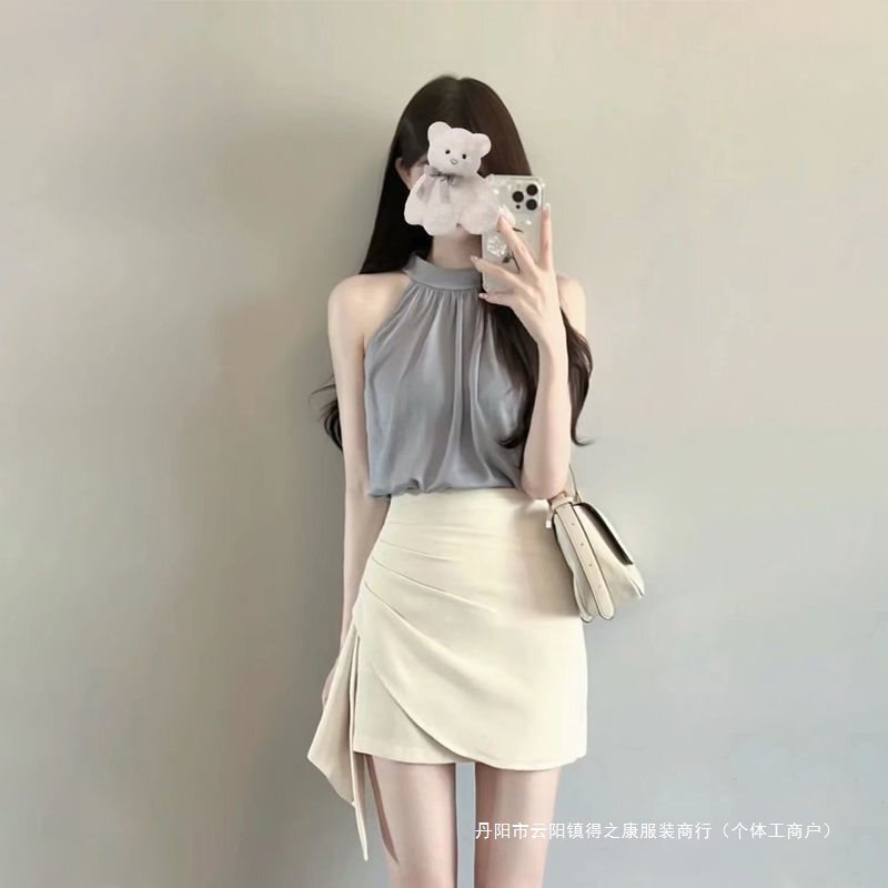 小个子显高时尚套装女夏装纯欲挂脖背心上衣高腰不规则半裙两件套|undefined