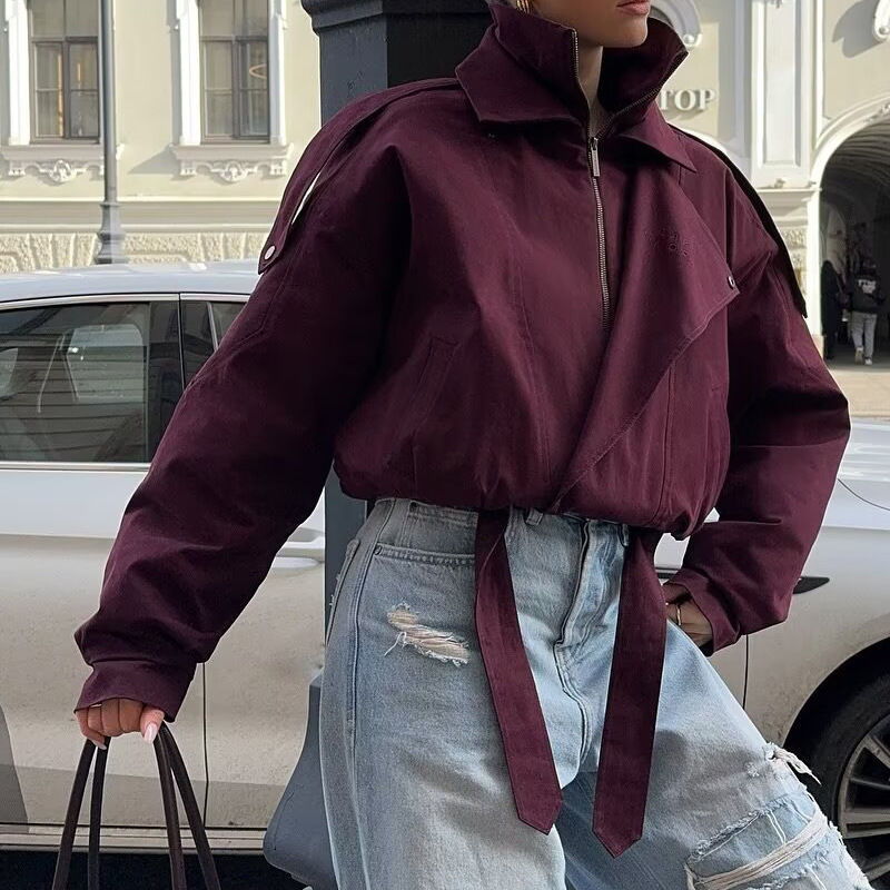 跨境女装批发秋季新款欧美风休闲显瘦时尚百搭纯色双领夹克外套|undefined