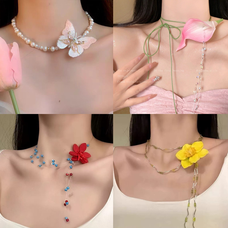 Yellow Flower Necklace, Seaside Vacation Style, Internet Celebrity Style, Multi-Layer Beaded Butterfly Clavicle Chain, Vacation Style Accessory Yellow Flower Necklace, Seaside Vacation Style, Internet Celebrity Style, Multi-Layer Beaded Butterfly Clavicle Chain, Vacation Style Accessory