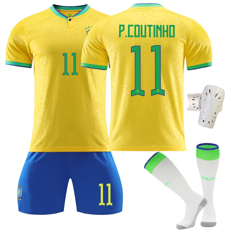 22-23 Brazil Home New No. 11 with Socks + White Protectors