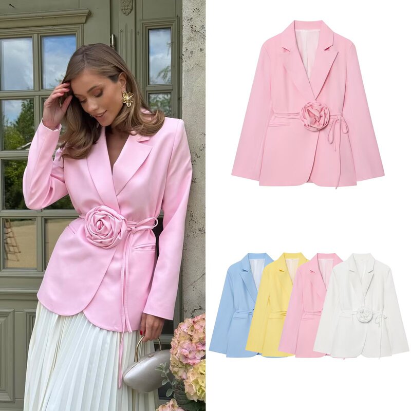 Cross-Border European and American Export Women's Clothing 2025 Autum New Elegant Work Clothing Loose Lace-Up Stereo Flower Suit Jacket