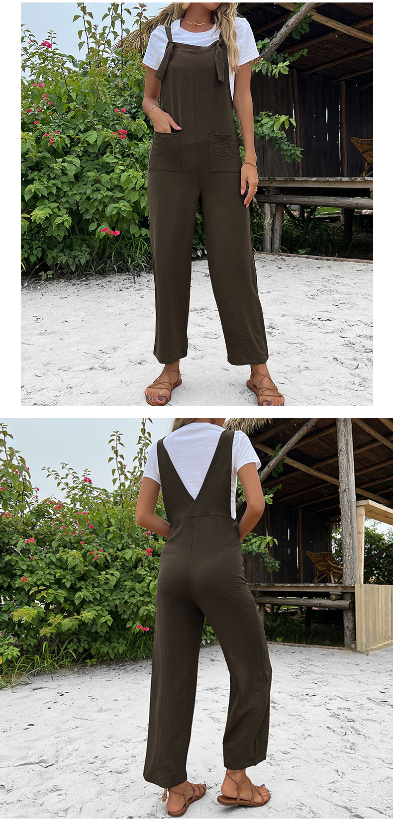 Solid Color Pocket Nine-point Straight Overalls_voghion.com