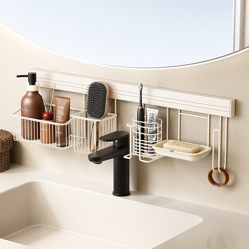 Milky White Bathroom Stainless Steel Storage Rack, No-Drill Washbasin Vanity Organizer, DIY Wall-Mounted Basket Milky White Bathroom Stainless Steel Storage Rack, No-Drill Washbasin Vanity Organizer, DIY Wall-Mounted Basket