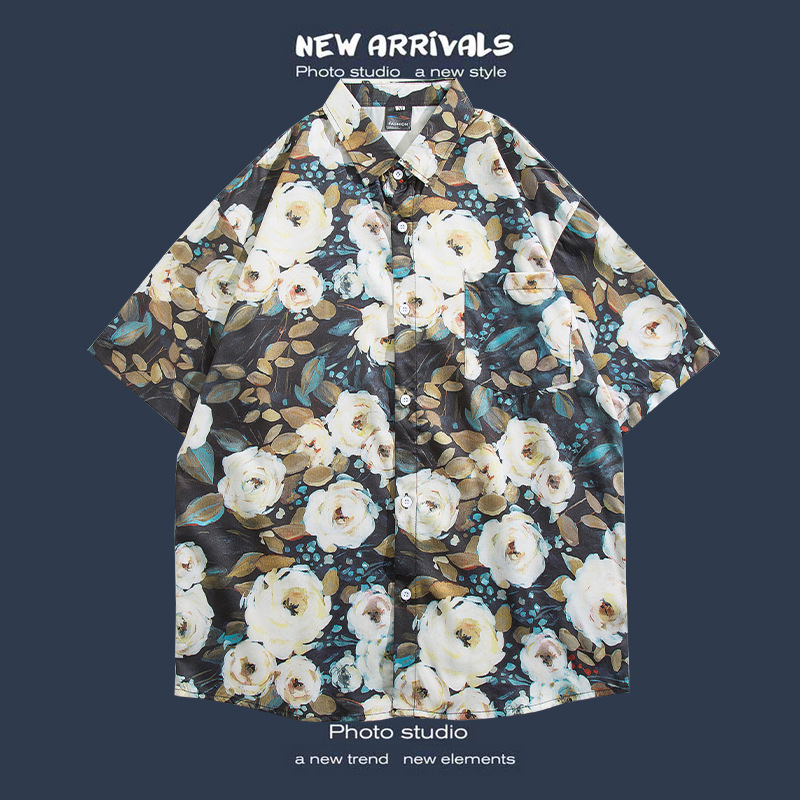 Camisa floral de manga corta Estilo de Hong Kong estilo retro de vetiver Estilo coreano moda guapo camisa de hombres y mujeres de moda y top de hadas