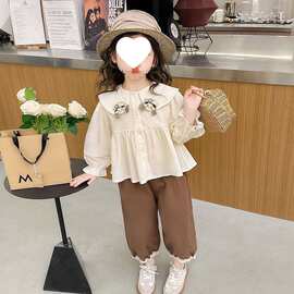 女童套装春秋新款洋气甜美儿童秋季娃娃领衬衫女宝宝秋装2026新款