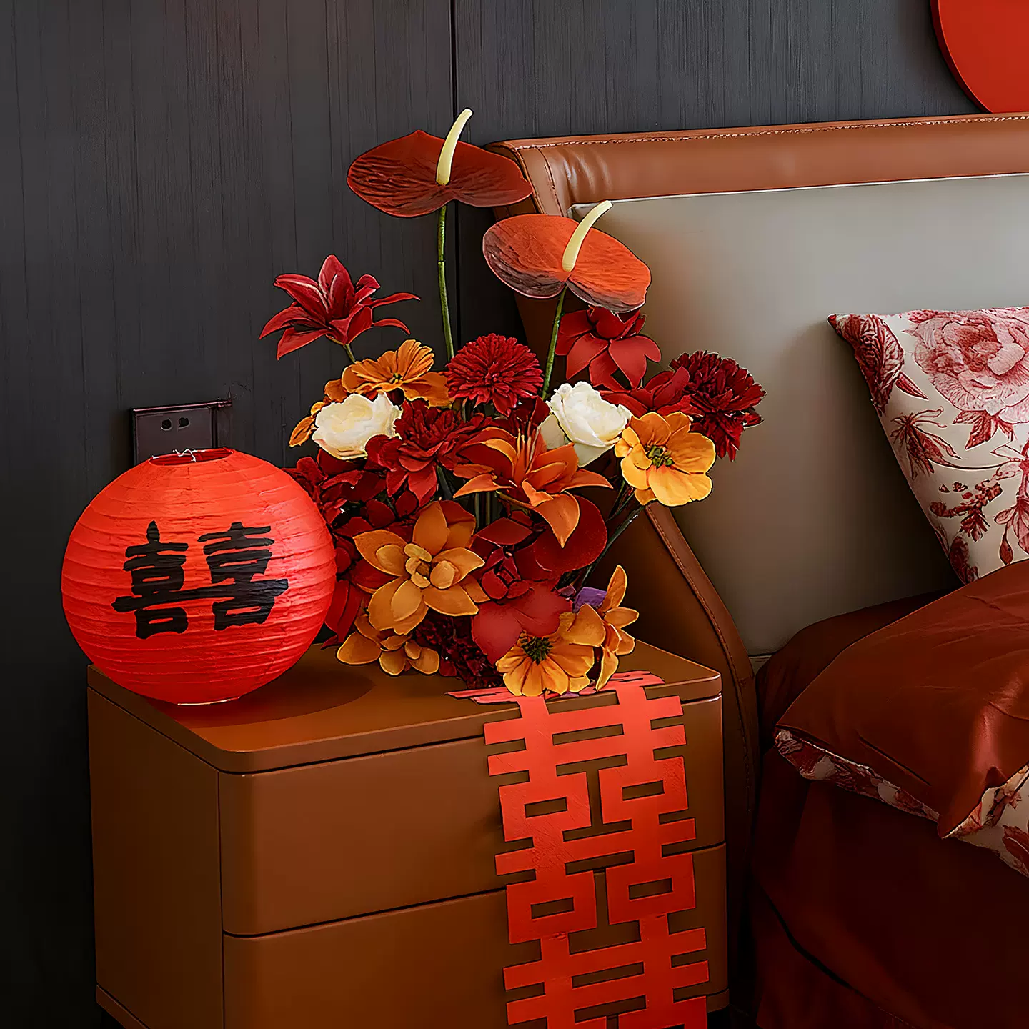 婚房卧室床头布置仿真花桌面灯笼花艺装饰氛围感茶几床头桌花用品