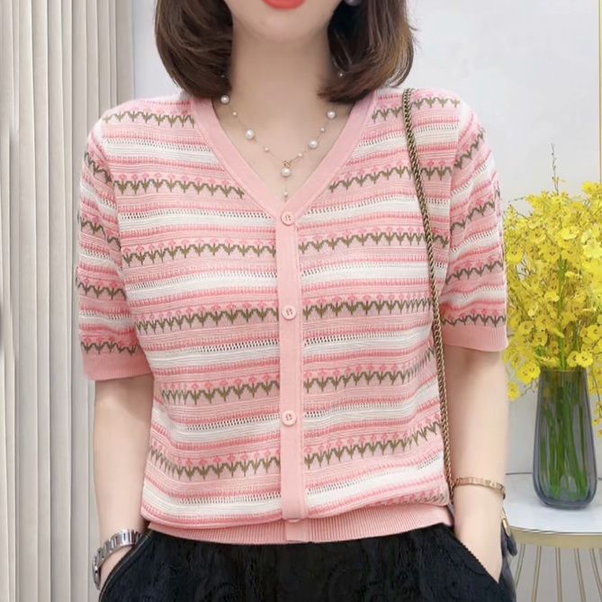 斤可穿冰丝开衫短袖恤女宽松大码洋气时尚百搭夏季针织衫