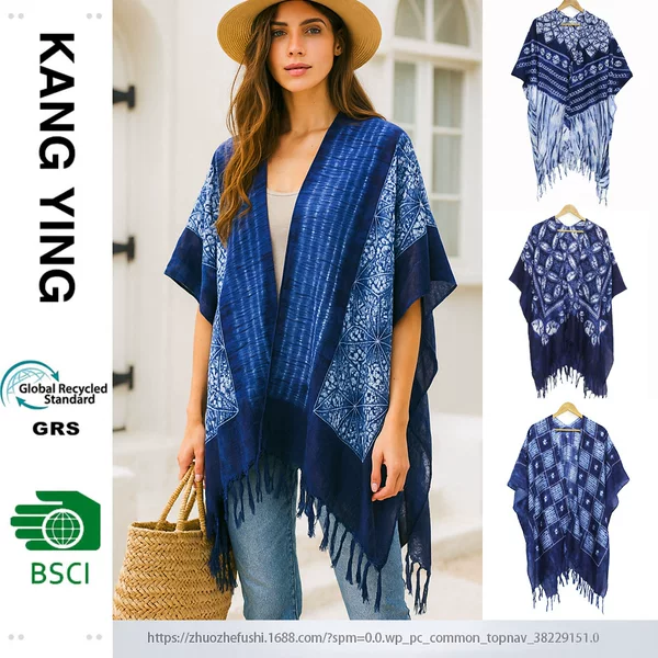 Ethnic Style Blue Tassel Cape Shawl 2025 Spring and Summer New Cross-Border Thin Sunshade Sunscreen Beach Towel Wholesale