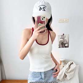 5870早秋新品-美式复古学院风U领撞色背心胸垫一体免穿内衣吊带女