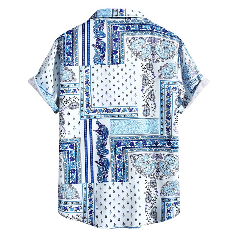 Camisa de hombre azul y blanco anacardo impreso camisa casual de manga corta para hombre medio oriente retro estiramiento de cuatro lados 2023 verano nuevo