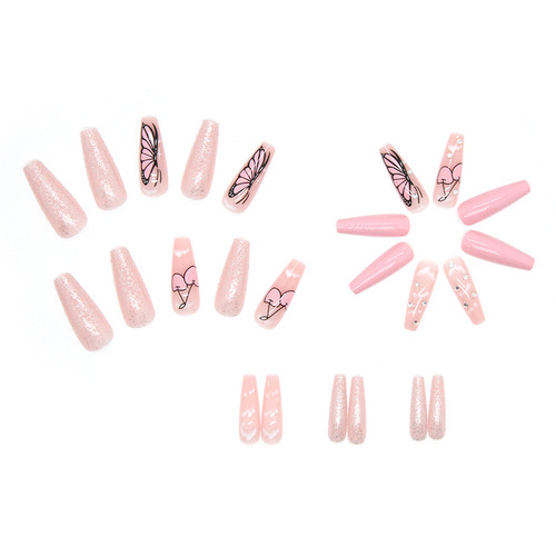 Glitter Butterfly Nail Art Long Ballet Nail Cute Cherry Pile Diamond Wear Nail Factory Direct Selling Finished Product Wholesale Nail