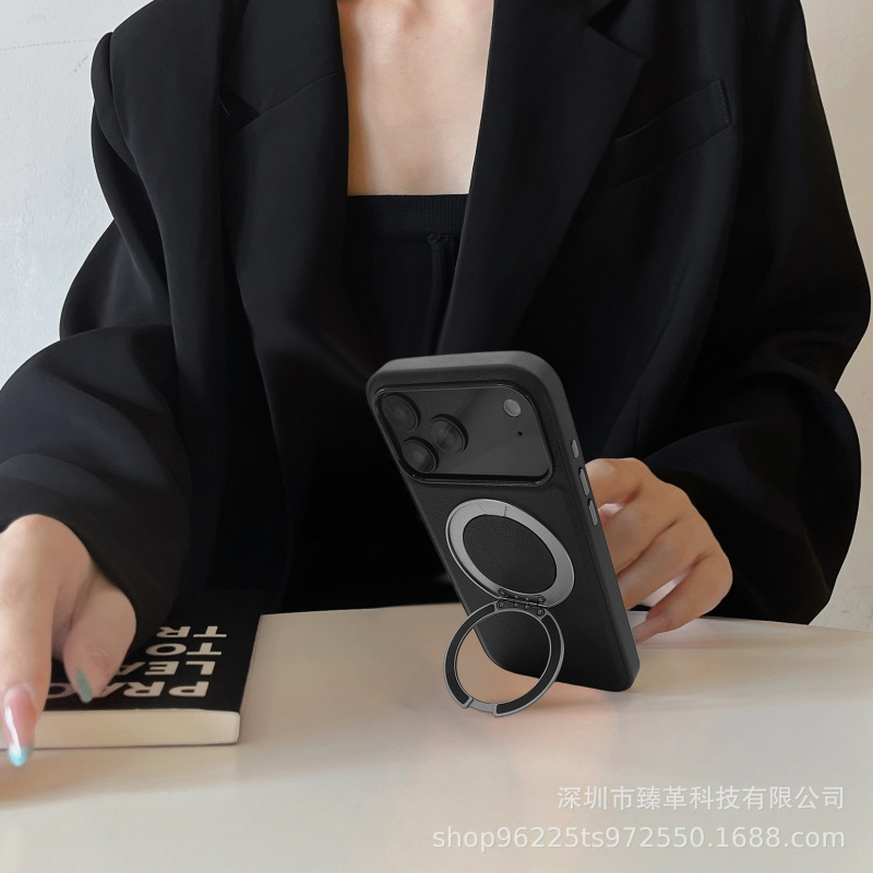 适用iPhone17promax 旋转支架手机壳360度磁吸商务素皮防摔保护套|undefined