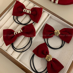 Red bow hair tie~Velvet letter camellia hair ribbon retro high-end hair tie rubber band hair accessory for women