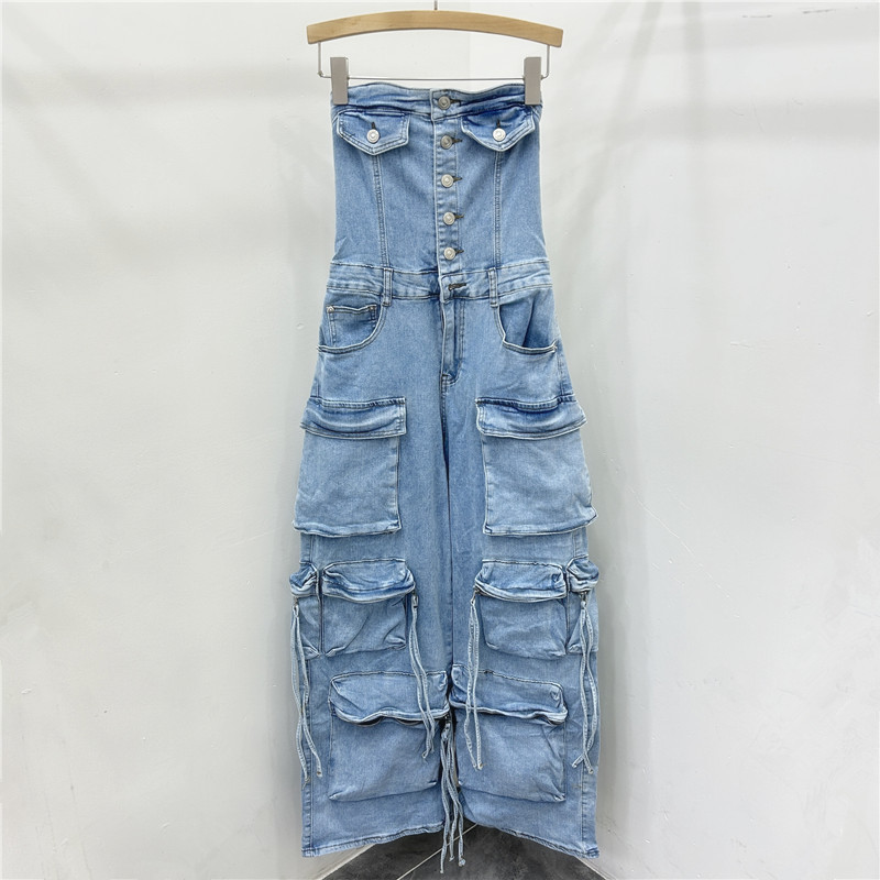 2025 primavera un botón de bolsillo delgado europeo y americano chica caliente herramienta de estilo jeans elástico pantalones recto de pecho