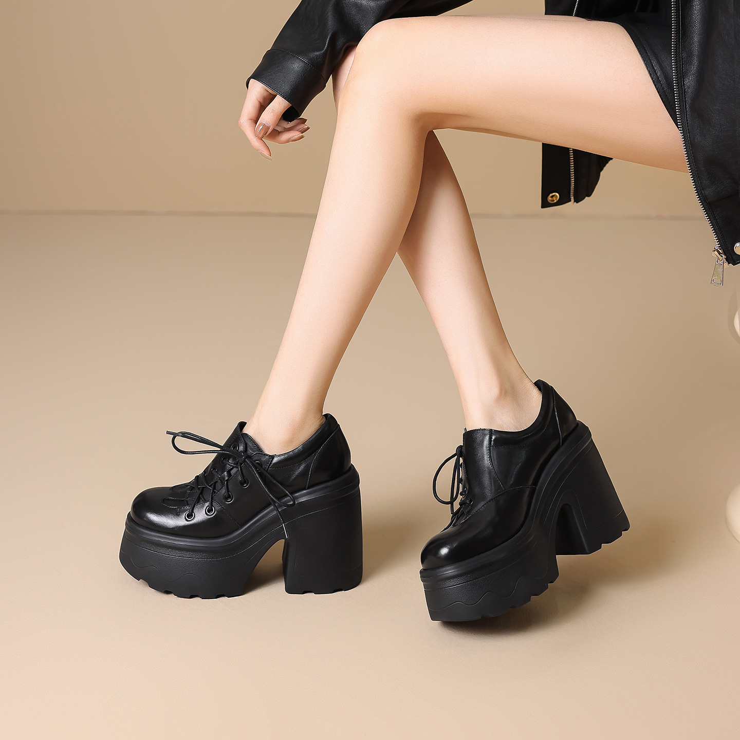 Giày cao gót nữ da thật phong cách Anh quốc cổ điển gót vuông 12 cm đế platform — màu nâu