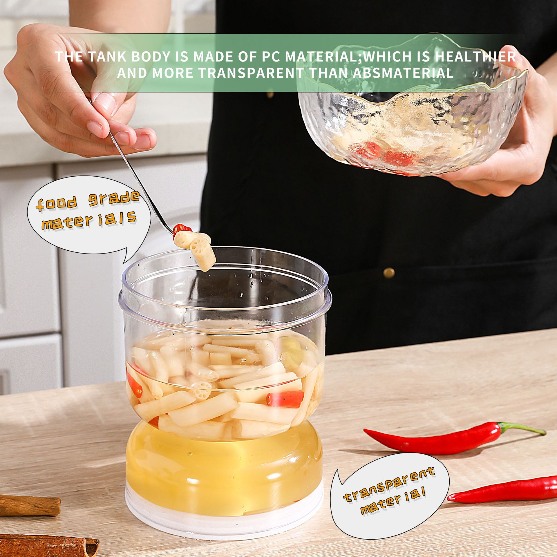 Home & Garden Pickle Jar kitchen dry and wet separation pickle jar with fork with exhaust hole with time mark hourglass pickle jar_voghion.com