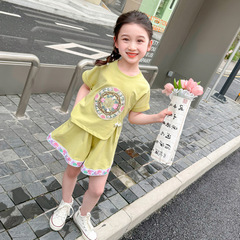 小女孩新中式套裝2024夏季新款女孩古風漢服上衣短褲中國風兩件套