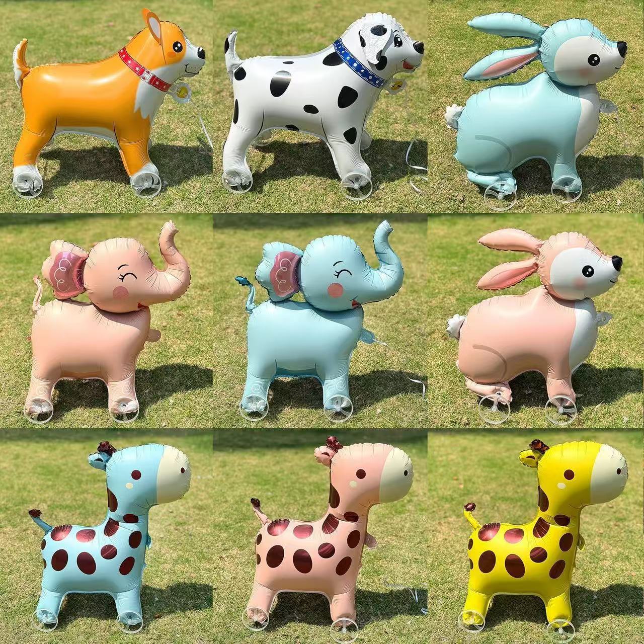 新款带轮卡通走路动物铝膜气球场景布置儿童充气玩具网红摆摊商品