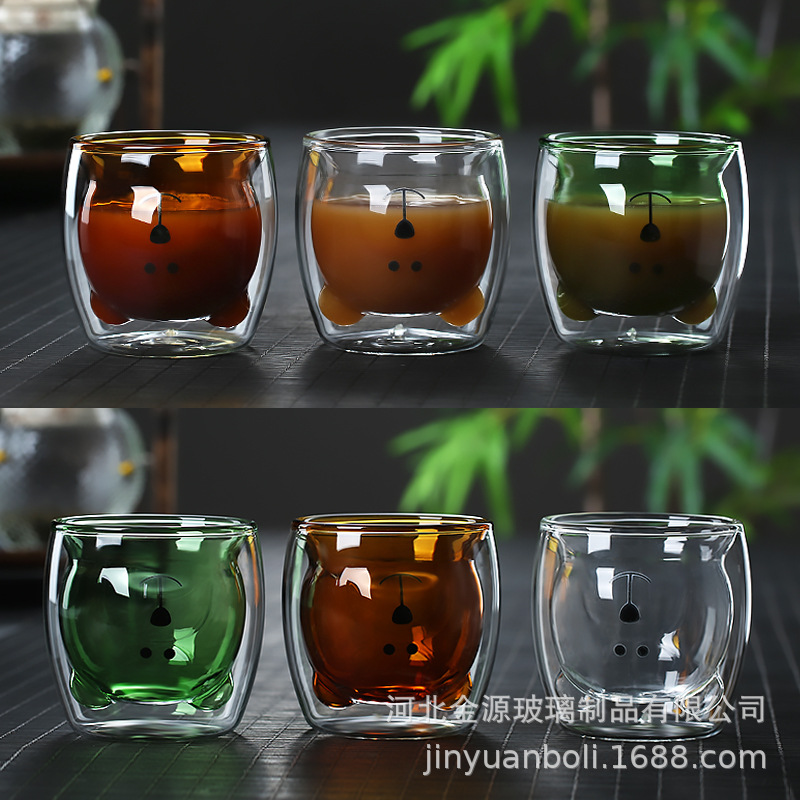 Dibujos animados lindo colorido transparente vidrio de doble capa taza de café taza de vidrio borosilicato taza de oso jugo taza de leche