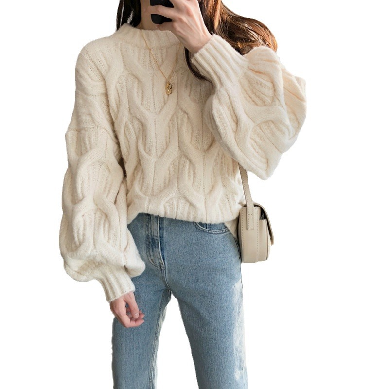 Linterna puff manga cuello redondo Twist pullover mujeres otoño y el invierno estilo perezoso coreano flojo grueso trenzado suéter image 7