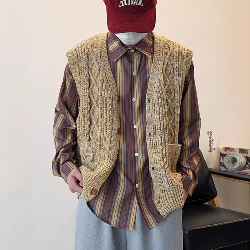 Fashion V-Neck Twist Sweater Vest Men's Loose Distinctive Knitted Stacked Cardigan Button Vest Shoulder Top