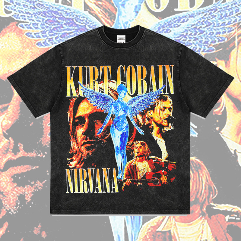 Hip-Hop Nirvana Band Cloak Character Printed Short-Sleeved T-Shirt Loose Washed Round Neck Hooded Sweatshirt Hip-Hop Nirvana Band Cloak Character Printed Short-Sleeved T-Shirt Loose Washed Round Neck Hooded Sweatshirt