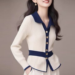 小香风翻领长袖针织衫女2025秋冬设计感撞色收腰显瘦毛衣气质外套