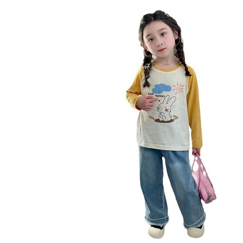 Baby cartoon cute casual crew neck long T-shirt for girls, suitable for autumn wear