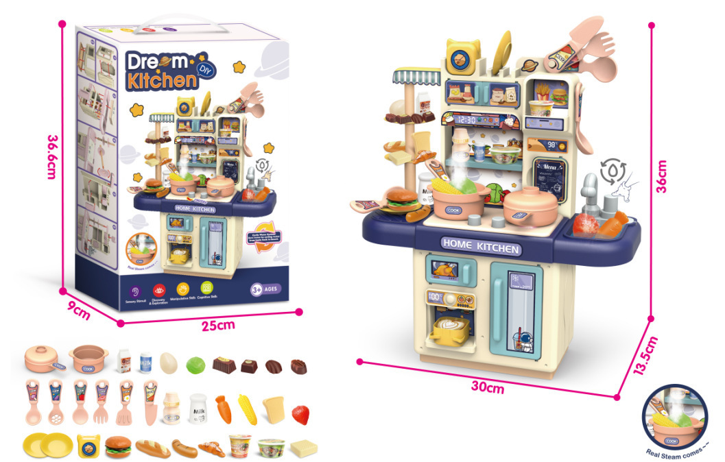 Comercio exterior infantil simulación de 36CM pulverización de luz de cocina de agua conjunto de mesa de platos de cocina de juguetes