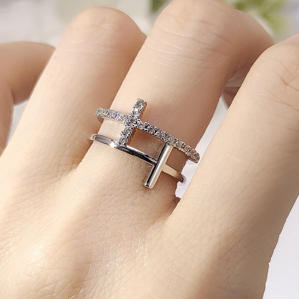 Double Cross Ring Gold Plated Zircon Wedding Ring For Couples_voghion.com