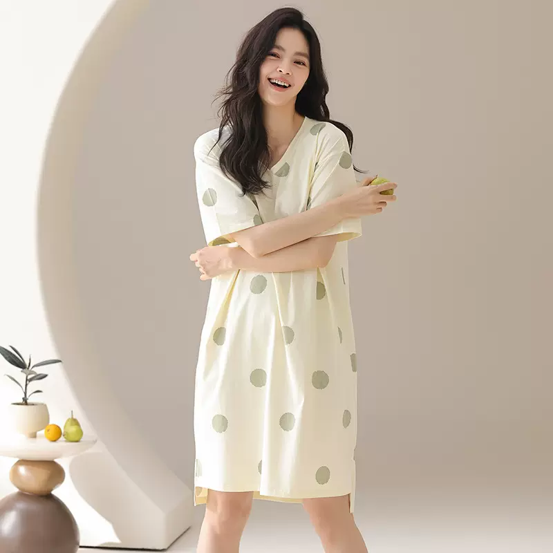 大码睡裙女夏季薄款半袖波点中长裙外穿甜美可爱女士莫代尔棉睡裙