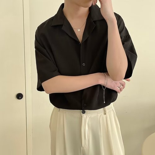 Chic five-sleeve Cuban collar summer origami-style shirt, Japanese minimalist new design standard men's trendy fashion youth popular