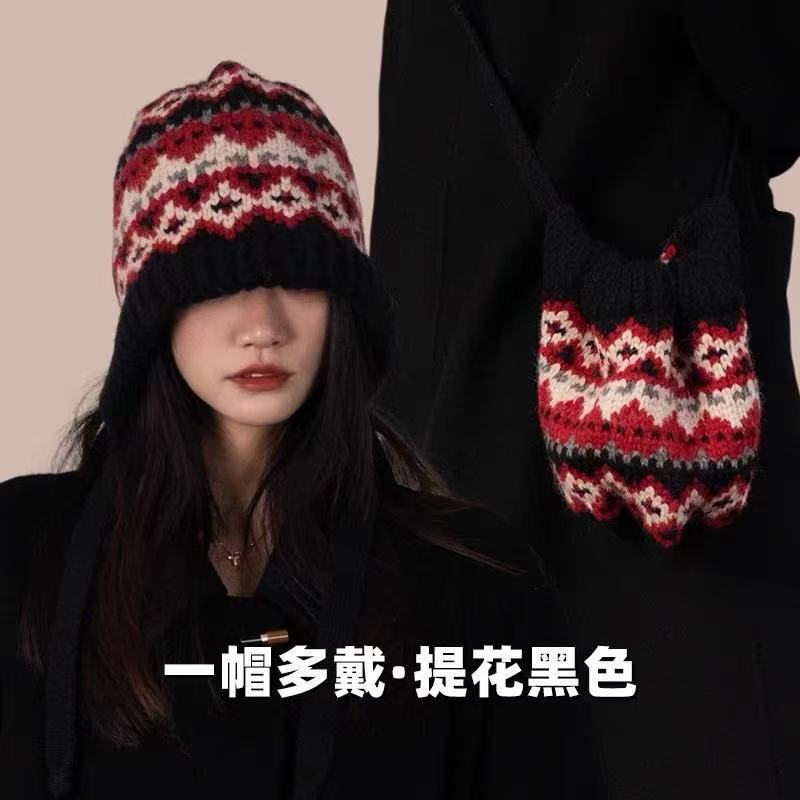 民族风帽子女冬款针织保暖骑行防寒加绒加厚显脸小护耳棉帽雷锋帽|undefined