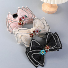 歐美跨境輕奢復古網紗雙層蝴蝶結髮箍甜美氣質高級感發卡帶鑽髮飾