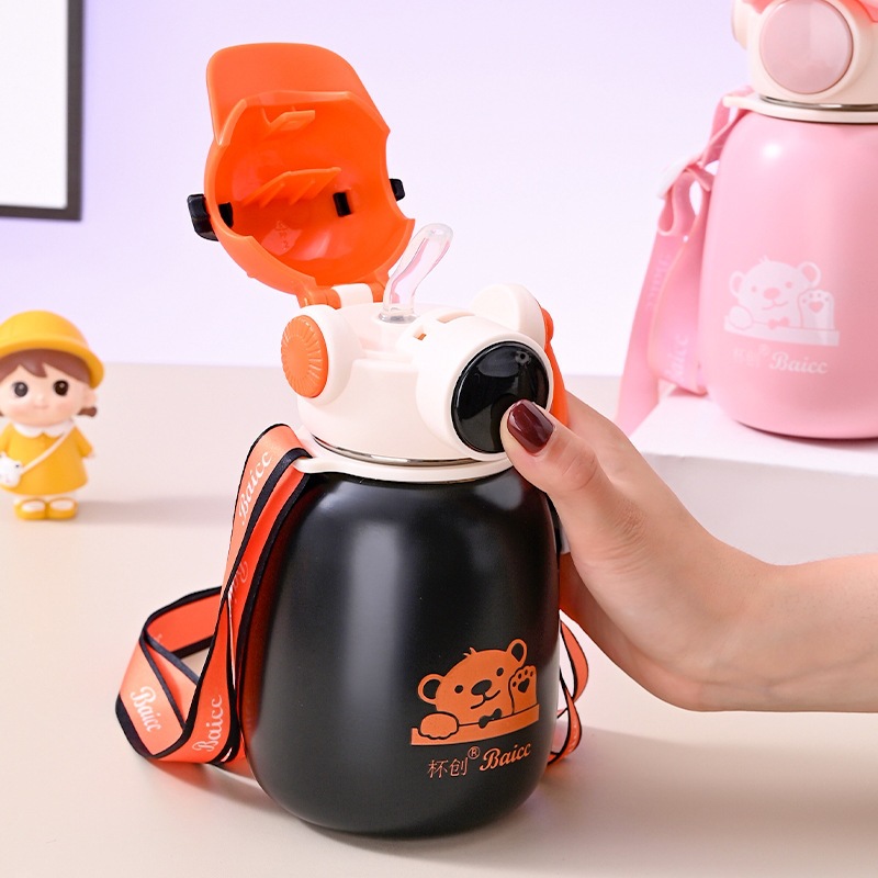 lindas tazas de niños ins niñas de alto valor facial tazas de estómago grandes auriculares oso portátil tazas de alumno de paja de acero inoxidable
