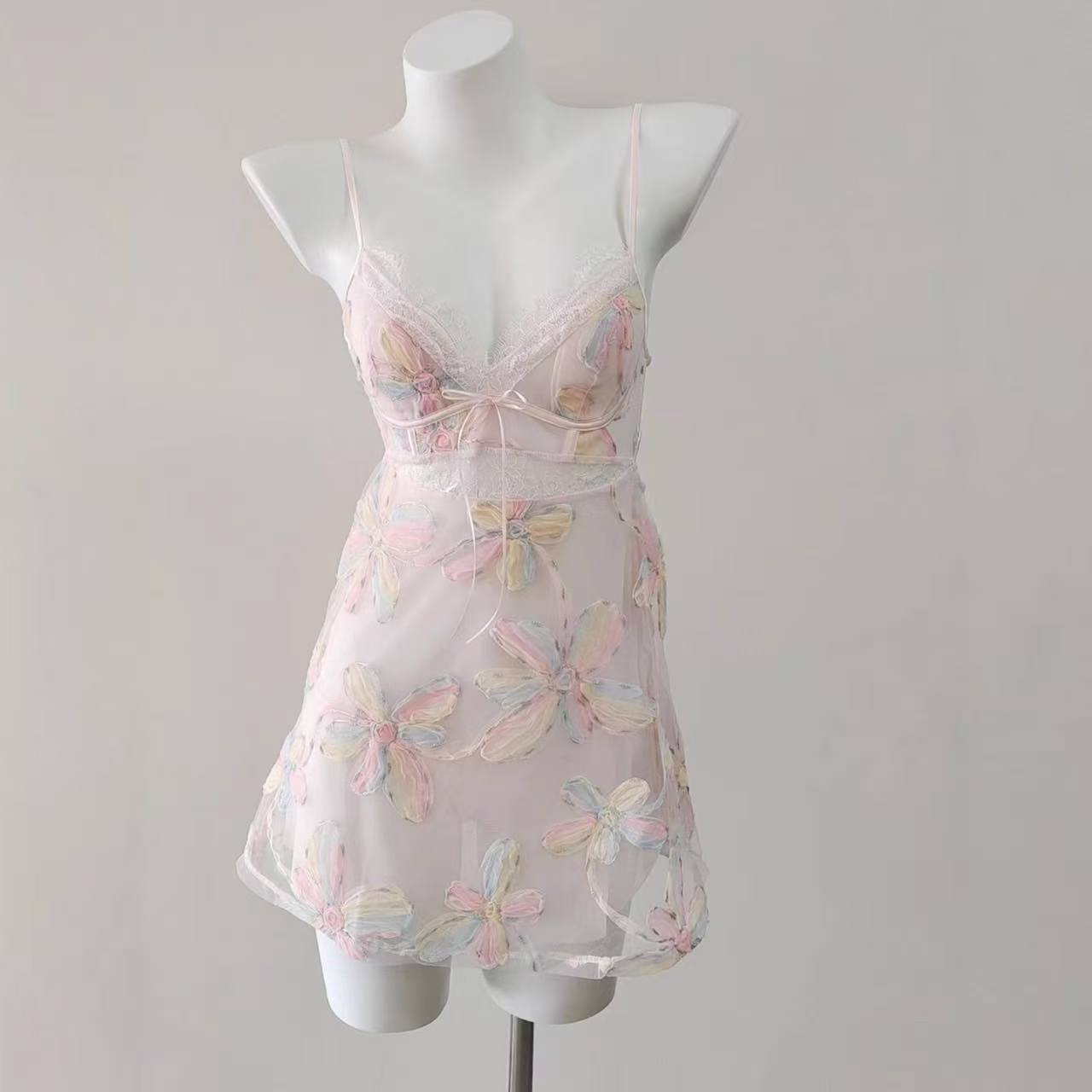 French-Style Lace Mesh Nightgown, Embossed Floral Blue Short Babydoll with Hollow-Out Detail — detail image 1