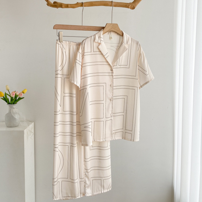 [Geometric Maze] Pajamas for Women in Summer, Lazy and High-End Ice and Snow Silk Cardigan Long-Sleeved Niche Accessible Luxury Home Wear