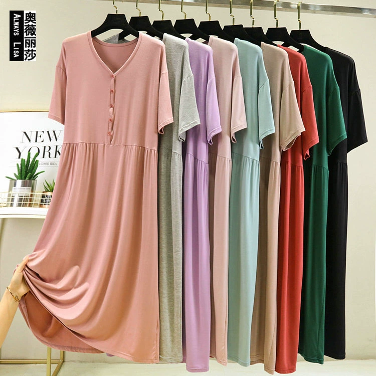Летняя верхняя одежда модальное платье с короткими рукавами Женская свободная большая юбка-качели на пуговицах с V-образным вырезом нижняя юбка домашняя повседневная юбка