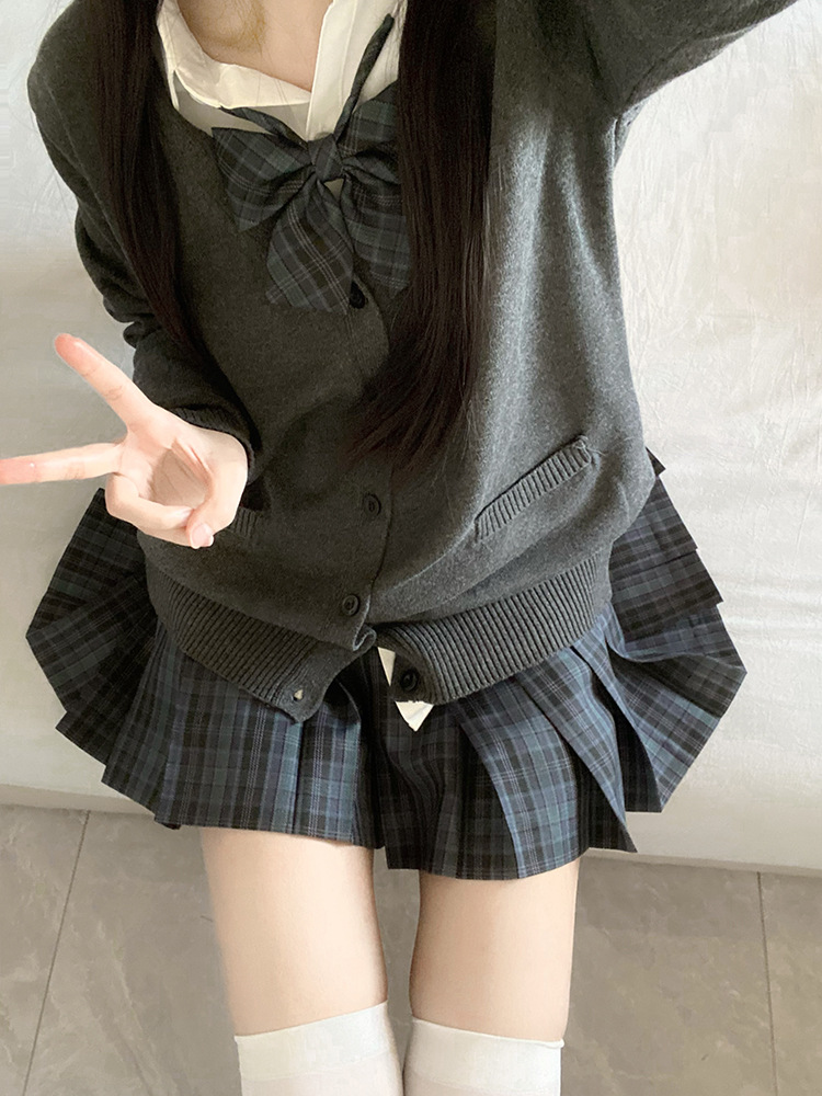 원래 JK 유니폼 가을과 겨울 세트 스웨터 카디건 코트 체크 무늬 스커트 셔츠 여성을위한 긴 소매 다용도 학교