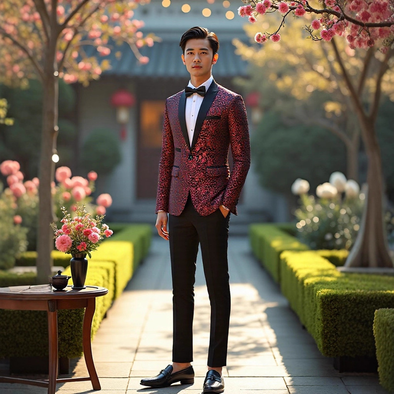 Cross-Border Plus-Size Men's Gold Embroidered Wedding Suit Set, Groom's Formal Suit with Mandarin Collar, Two-Piece Suit