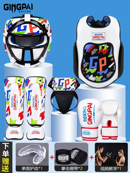 Children's Fighting Sanda Protectors Full Set of Men's and Women's Boxing Mask Helmet Muay Thai Fighting Training Chest Protection Leg Crotch suit