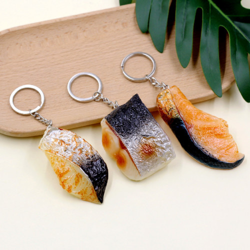 Interesting simulated food PVC grilled fish fillet large shrimp key ring buckle food squid bag pendant gift