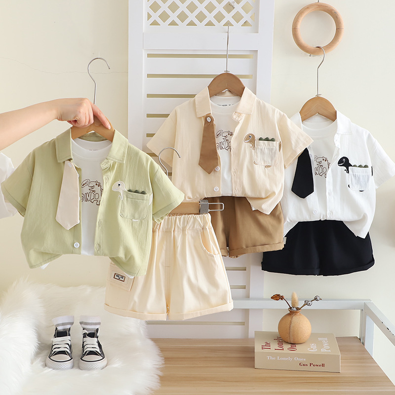 Five small seven children's clothing 2025 summer new 0-4 years old children boys and girls tie dinosaur shirt three-piece set