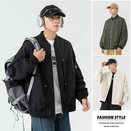 男士春秋潮牌美式夹克纯色立领飞行高街机能休闲百搭外套男装