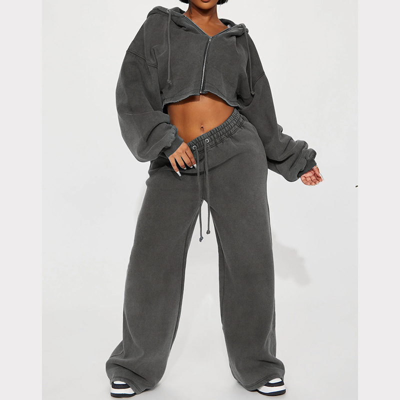 Vêtements pour femmes automne femmes décontracté à capuche devant zip pull jambe large pantalon ample costume_voghion.com