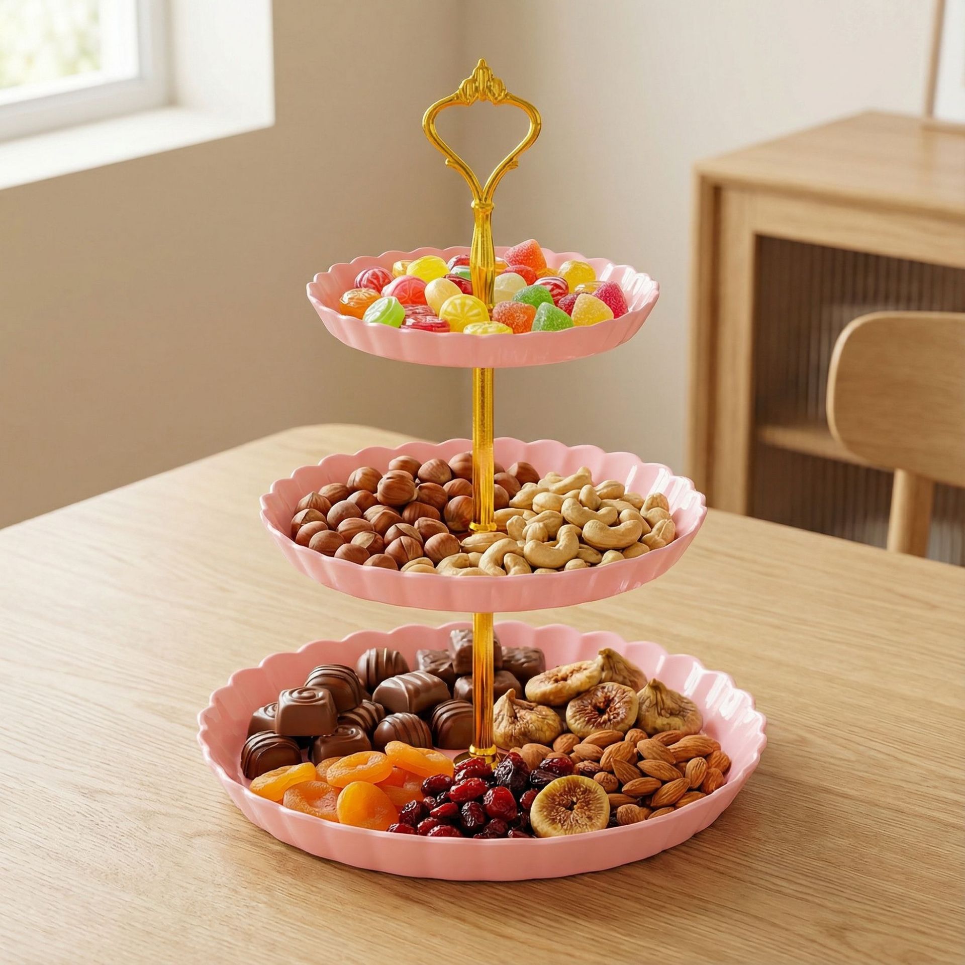 Plato de frutas de plástico transfronterizo de dulces de lujo ligero de alta calidad platos de dulces de recepción de boda de tres capas estante de almacenamiento de pastel