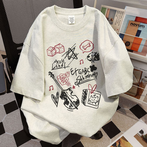 Vintage American-style personalized graffiti pure cotton short-sleeve t-shirt for men, summer trendy brand loose-fitting slimming college-style half-sleeve top