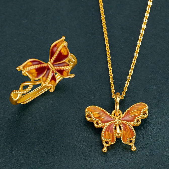National Tide Palace Style Filament Butterfly Pendant Dream Butterfly Set Gold Enamel Color Ring_voghion.com