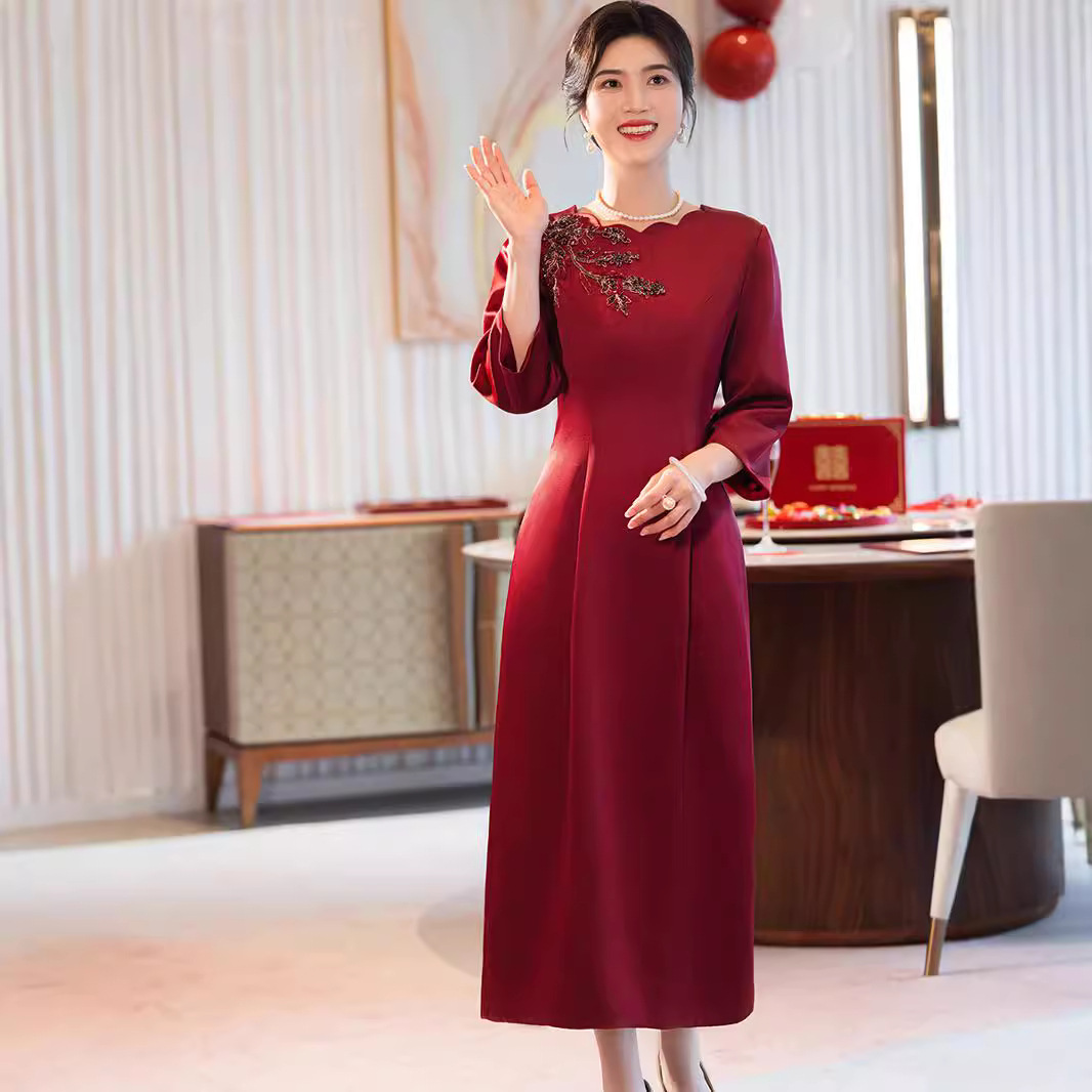 Mother-in-law's Banquet Attire, Engagement 2024 Autumn And Winter New Thickened Wedding Mother's Dress, Cheongsam Dress_ecoleips.com