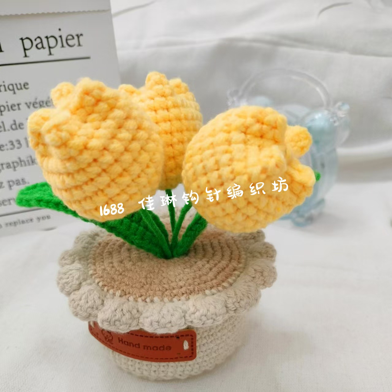 Hockey artesanal puro tulipán adornos imitación de flores regalos de lana de punto ramo de flores de imitación de maceta de tejido